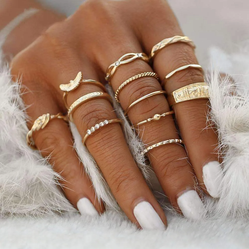 12-Piece Golden Ring Set with Zinc Alloy and Gemstones - Fixed Sizes