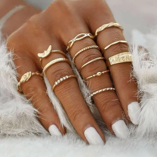 12-Piece Golden Ring Set with Zinc Alloy and Gemstones - Fixed Sizes