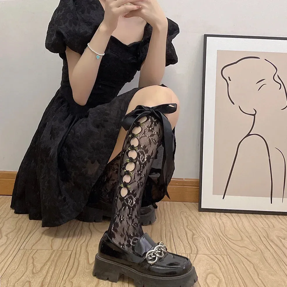 Black Lolita Kawaii Lace Mesh Fishnet Knee High Socks