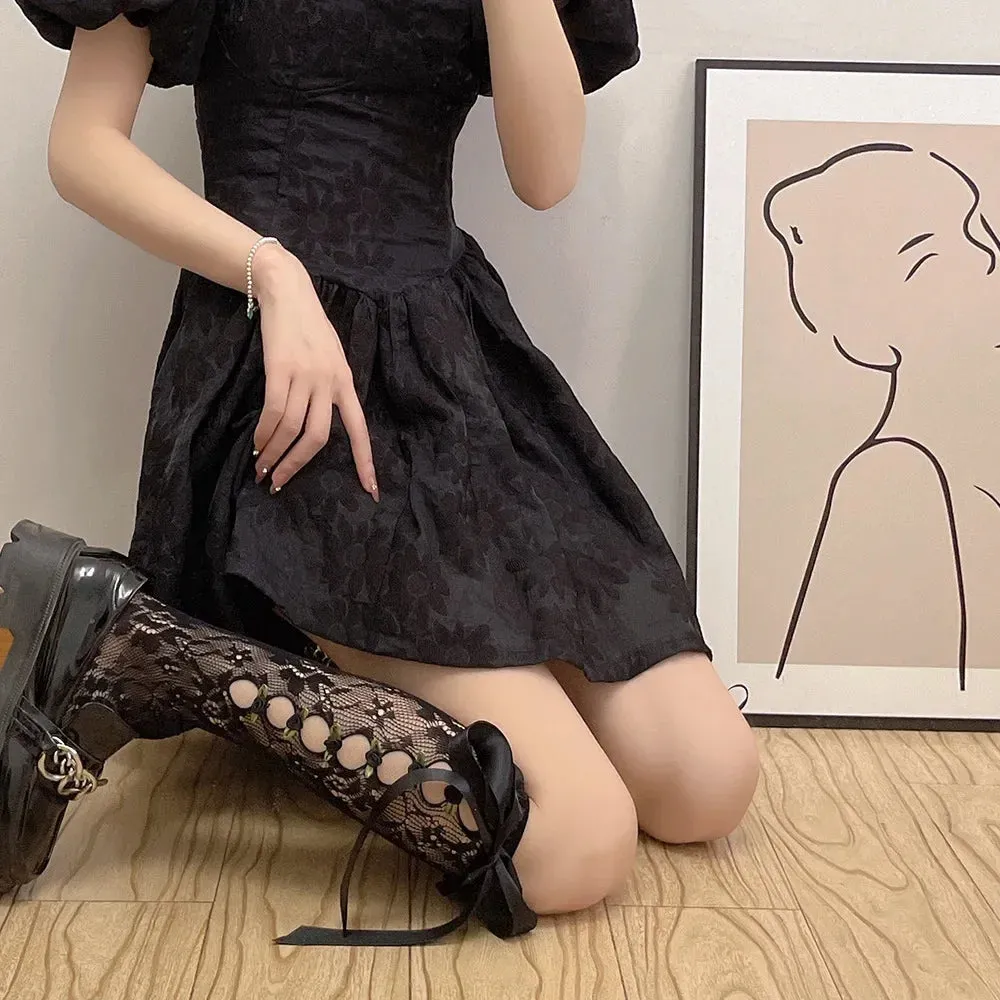 Black Lolita Kawaii Lace Mesh Fishnet Knee High Socks