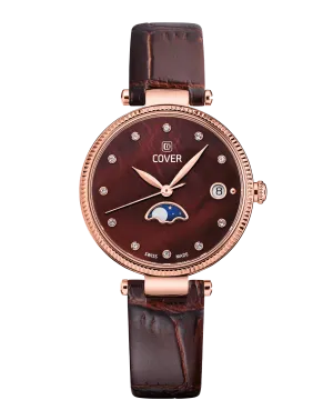 COVER Fly Me To The Moon Crystals Brown Pearl Leather, Rose gold Moon Phase Watch