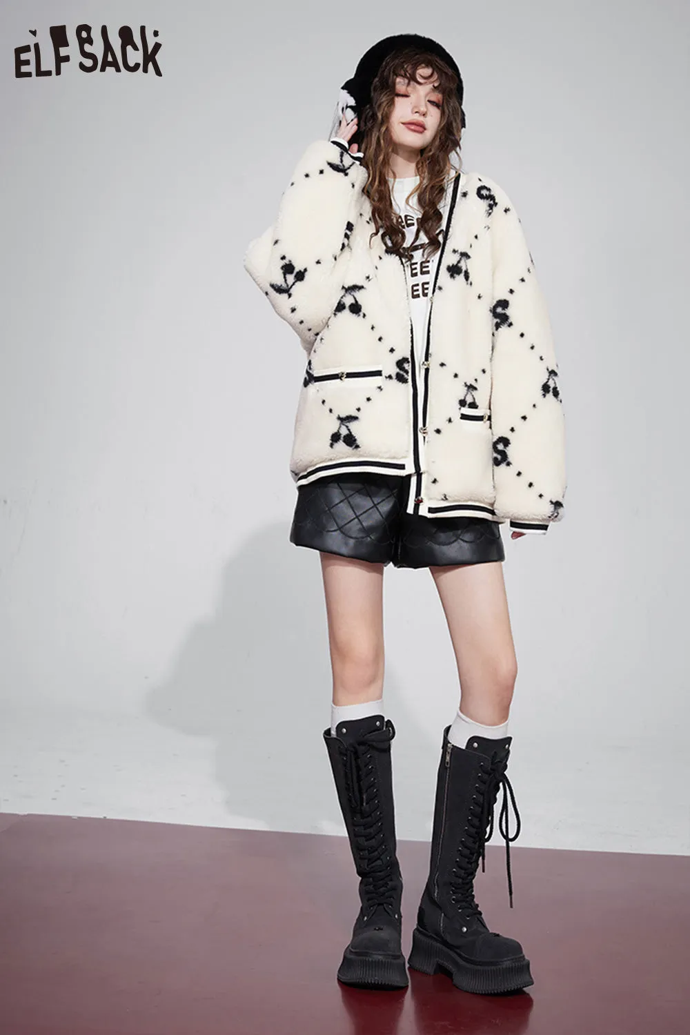 ELFSACK Kawaii Cherry Thicken Cotton Jackets Women 2023 Winter New Korean Fashion Outwears