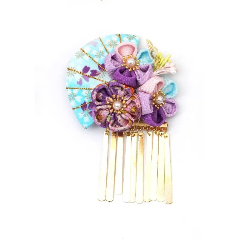 Handmade Tsumami Kanzashi Hair Clip 3 Piece Set 【Blue & Purple Sakura】