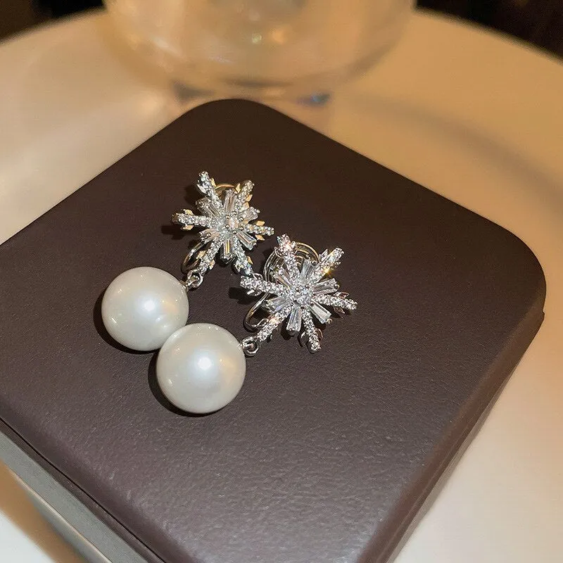 Korean Zircon Snowflake Clips Earrings For Women