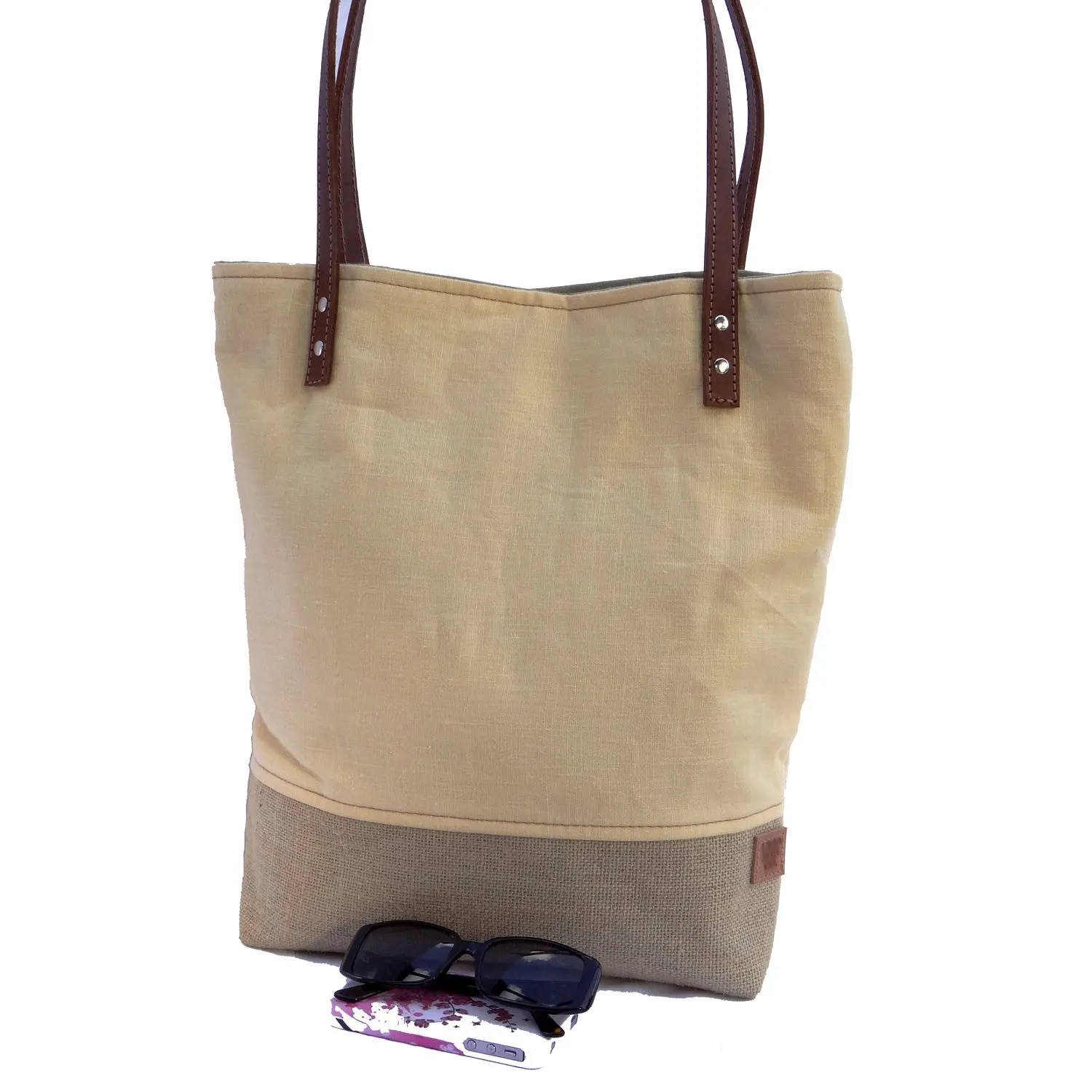 Panama Linen and Burlap Tote Bag - Yellow and Beige