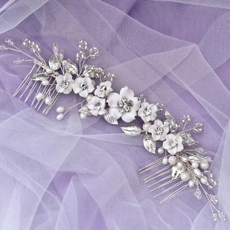 "Loire" - Ceramic Flowers Bridal Headband / Hair Vine - Available in Gold and Silver