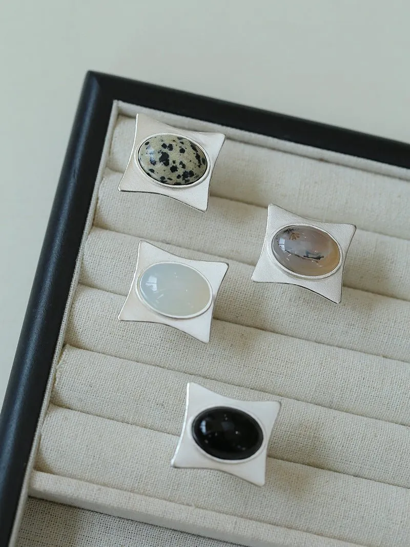 Square-Set Oval Gemstone Statement Open Ring